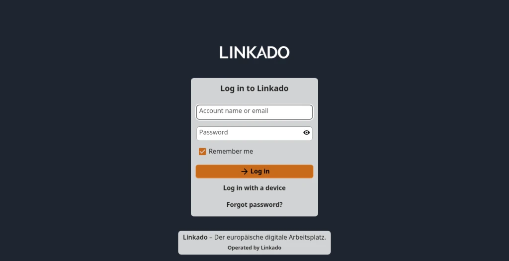 Anmeldeseite von Linkado mit Feldern für Konto und Passwort, in der Beispielumgebung noch mit englischer Oberfläche