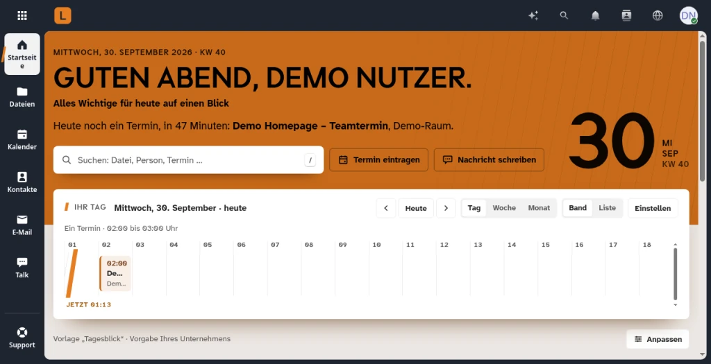Startseite in Linkado mit Begrüßung, nächstem Termin, Suchfeld und Tagesplan des Demo-Nutzers