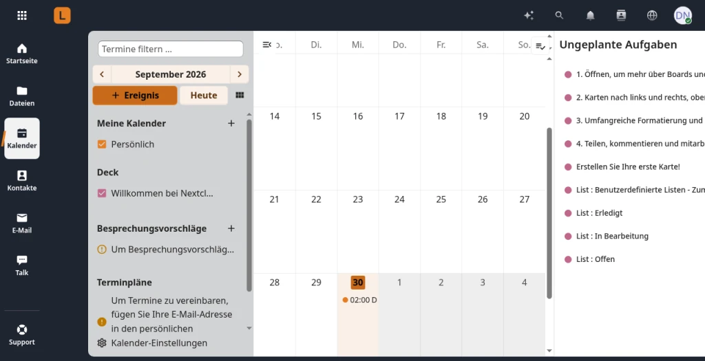 Kalender in der Monatsansicht, rechts die Liste der ungeplanten Aufgaben