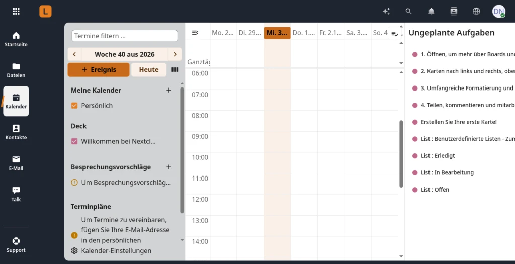Kalender in der Wochenansicht mit der Liste der ungeplanten Aufgaben