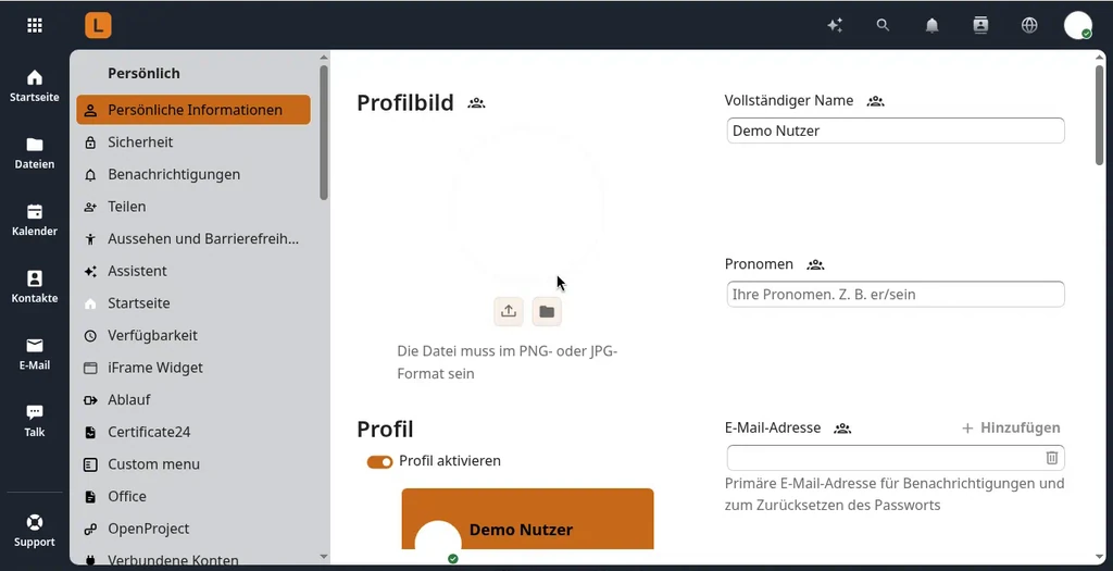 Persönliche Einstellungen mit Profilbild, vollständigem Namen und Feld für die E-Mail-Adresse
